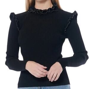 Gracia Ruffle Radiance Sweater Women’s Medium Black Ribbed Beaded Fitted NEW
